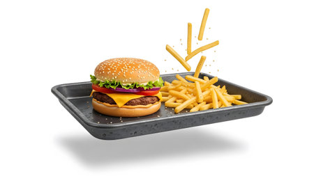 (1587) showing a delicious hamburger and crispy french fries served on a metal tray with falling...の写真素材