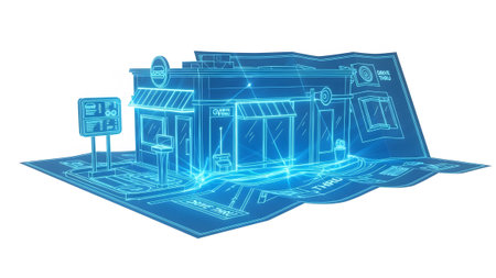 (1276).png showing blue neon wireframe drive thru restaurant building blueprint on a white...