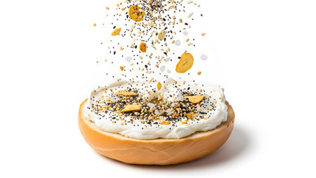 A bagel half covered in cream cheese, with a mixture of seeds and nuts raining down onto it.
