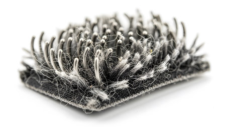showing close-up of a grey fabric swatch with dense silver metal loops and fuzzy white...