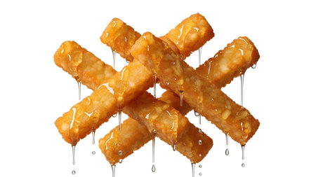 Syrup showing crispy golden hash brown sticks drizzled with sweet syrup on a white background....