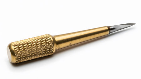 Tool showing brass awl tool with knurled handle and sharp pointed tip on white background.