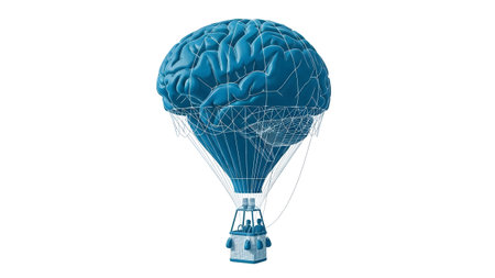 Gondola showing blue brain hot air balloon with intricate wireframe structure and gondola.