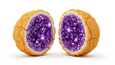 Two halves of a cracked orange geode reveal a interior filled with sparkling purple amethyst...
