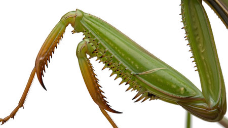 Body showing close-up of a praying mantis foreleg with sharp spikes and green segmented body....