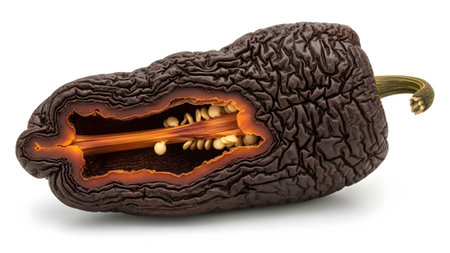 showing cross section of a dark wrinkled dried chili pepper with visible seeds.