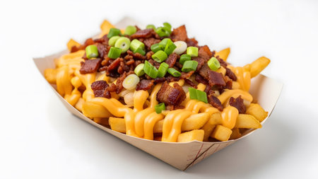 Bacon showing cheesy french fries topped with crispy bacon and green onions.