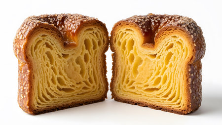 Golden showing delicious golden brown croissant bread sliced in half showing flaky layers.