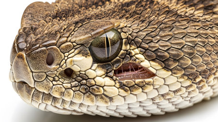Yellow showing close-up of a rattlesnake head with detailed scales and a striking yellow eye on...