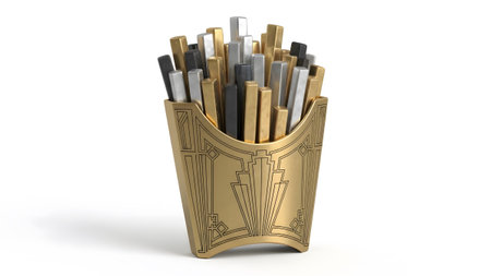 French showing deco golden french fry holder filled with metallic gold silver and black fries....