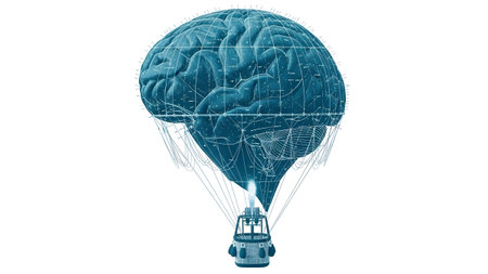 Acting showing a blue wireframe brain acting as a hot air balloon with a basket and gondola...