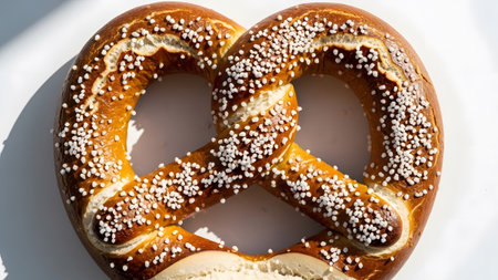 A detailed close-up of a golden brown baked pretzel covered in white salt crystals, set against...