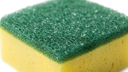 (12).png showing close-up of a green and yellow scrubbing sponge with water droplets on white...