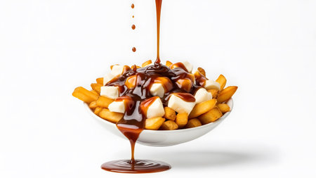 Savory showing delicious poutine with gravy being poured over cheese curds and french fries...