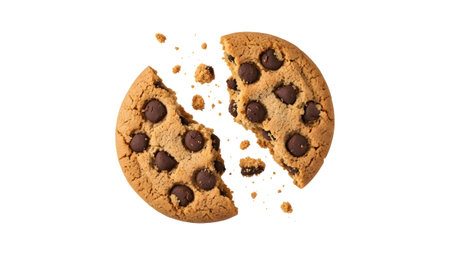 A round chocolate chip cookie is broken in half with small crumbs scattering around it on a...