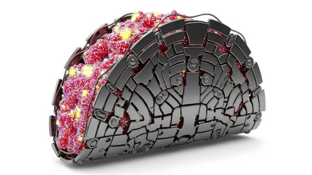 Intricate showing futuristic metallic taco with glowing red filling and intricate mechanical...