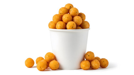 From showing crispy golden potato puffs overflowing from a white paper cup on white background....