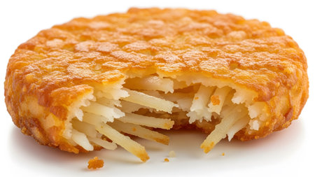 A close-up of a golden brown, crispy hash brown patty with a bite removed showing shredded...