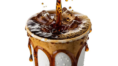 Dark brown liquid cascades into a white cup with ice, creating foam and drips down the sides.