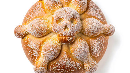 showing close-up of pan de muerto sweet bread with skull decoration and sugar sprinkles....