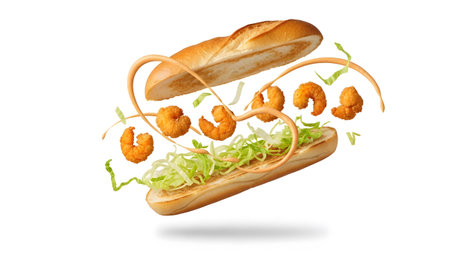A deconstructed shrimp po boy sandwich with ingredients like fried shrimp and lettuce floating...の写真素材