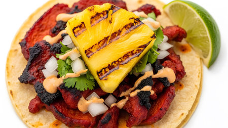 A close-up of a flavorful taco featuring grilled pork, pineapple, cilantro, and sauce on a white...の写真素材