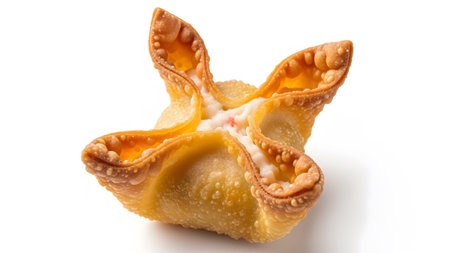 A single golden fried wonton with a crimped edge and a creamy white filling with red flecks,...