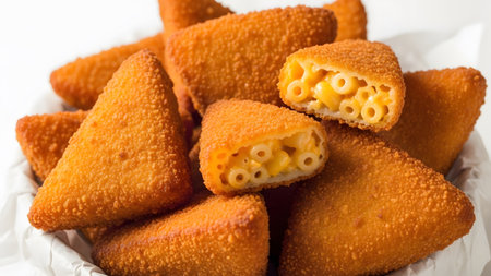 Gooey showing crispy fried macaroni and cheese triangles with gooey cheese filling.