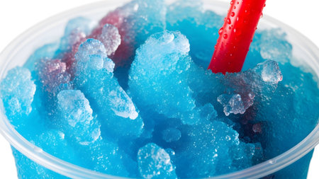 showing close-up of blue slushy drink with red straw in plastic cup. resolution