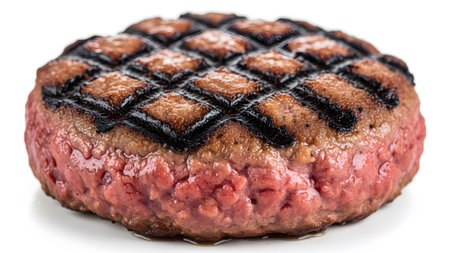 Background. showing detailed view of a raw beef burger patty showing texture and grill mark...