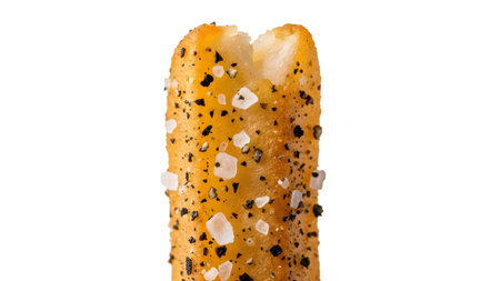 (139) showing close-up of a single french fry seasoned with coarse salt and black pepper on...
