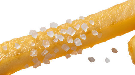 Golden showing golden french fry with scattered coarse salt crystals and oil on white.