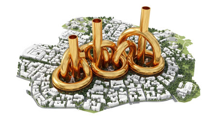 Above showing golden knotted tubes and cylinders rising above a miniature cityscape.