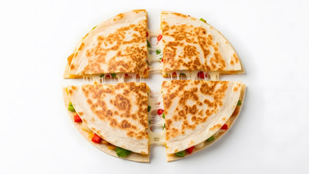 Four quartered quesadilla pieces arranged in a circle, showing melted cheese and colorful...