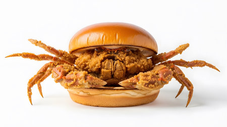 A whole fried crab forms the center of a burger, with its legs extending outwards, nestled...
