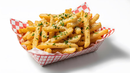 A close-up of seasoned french fries generously topped with grated cheese and chopped green parsley.