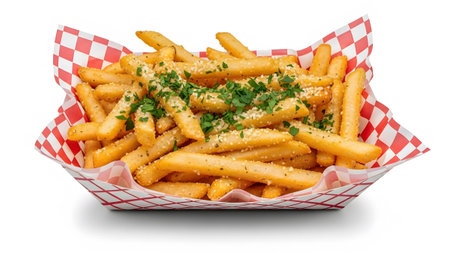 Tray showing golden french fries seasoned with herbs in a red checkered...