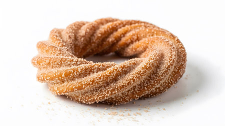 Sugar showing golden twisted churro coated in cinnamon sugar on a white background.