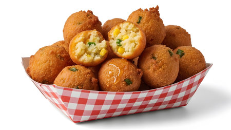 Golden showing golden fried corn fritters with green onions and honey drizzle in red gingham...