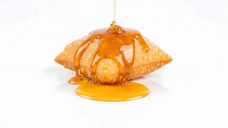 (940).png showing golden honey drizzling over a fried pastry on white background.