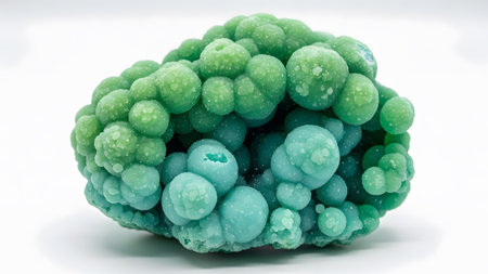 A cluster of green and turquoise botryoidal mineral formations with smooth spherical shapes.