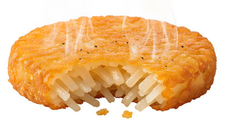A golden fried hash brown patty with visible steam, a bite taken out revealing shredded potato.