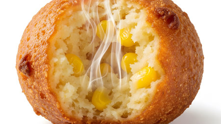 Visible showing golden brown corn fritter ball with visible corn kernels and steam rising...