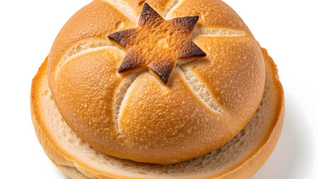 Golden showing golden brown roll with a star-shaped scoring on of a sliced white bread...