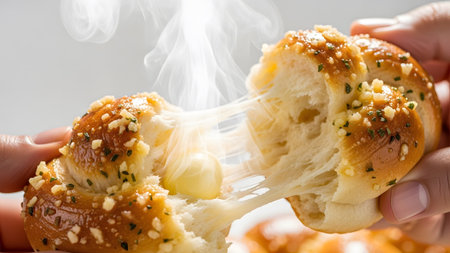 Golden brown garlic knots are pulled apart, showing a long stretch of melted cheese and wisps of...