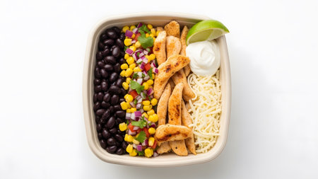 showing overhead view of a healthy burrito bowl with grilled chicken black beans corn and...