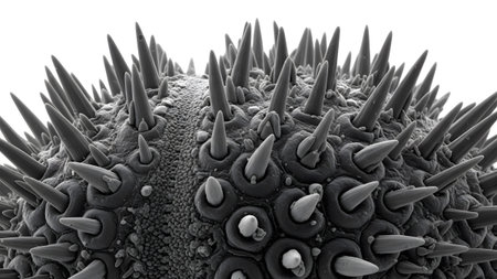 Urchin showing microscopic view of sea urchin surface with sharp spines and textures.