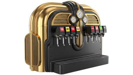 Dispenser showing retro deco style soda fountain dispenser with gold and black accents and...