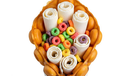 Rolled ice cream served in a bubble waffle cone, adorned with colorful cereal loops and mini...
