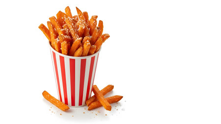 A red and white striped cup is packed with salted sweet potato fries, with a few scattered...